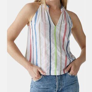 Michael Stars Size xs Leslie Split Neck Top White Colorful Stripes Embroidered
